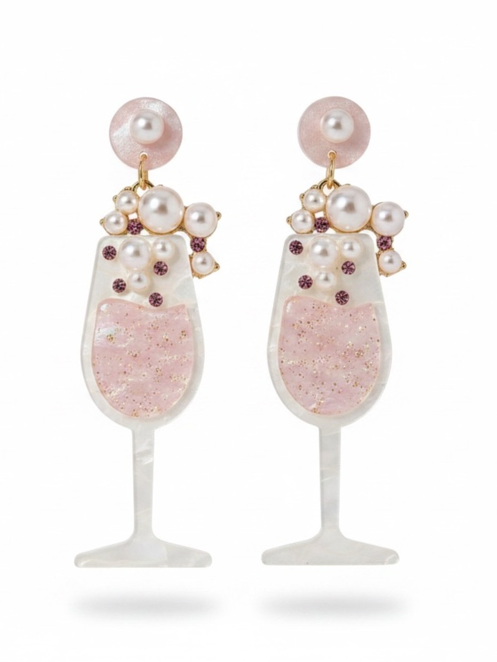 Plunder Pearl & Pink Glitter Cocktail Glass Drop Earrings Fashion Jewelry New